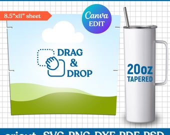 Tumbler Template Svg, 20oz Skinny Tapered Tumbler, 20oz Tumbler with Handle, Tumbler Sublimation Template, Full Wrap, svg, Canva Editable