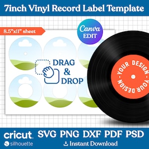 7 Inches Vinyl Record Template, Vinyl Record Label Template, Record Label Sticker Template, Custom Vinyl Record Template, Canva Editable