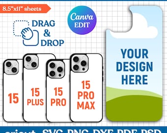 Plantilla de funda para teléfono 15, plantilla de sublimación para funda 15 Pro, plantilla para 15 Pro Max, plantilla para funda 15 Plus, plantilla de funda para teléfono, Canva editable
