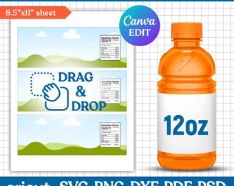12 Unzen Sport Trinkflasche Etikettenvorlage, Sport Trinkflasche Etikett Vorlage, Wasserflasche Etikett Vorlage, Wasserflasche Aufkleber, DIY, Canva Bearbeitbar