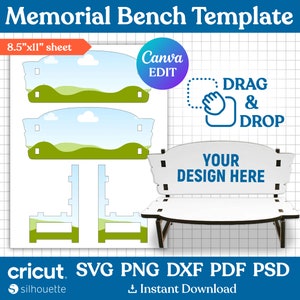 7&quot; Memorial Bench Template, Sublimation Bench Blank, Memorial Bench Svg, Laser Cut Files Garden Bench, Memorial Keepsakes, Canva Editable