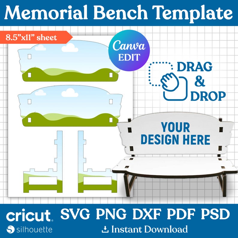 7 Memorial Bench Template, Sublimation Bench Blank, Memorial Bench Svg, Laser Cut Files Garden Bench, Memorial Keepsakes, Canva Editable image 1