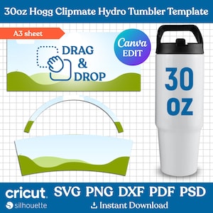 May include: A white 30 ounce tumbler with a black lid and handle. The tumbler has a green and blue landscape design with the text "DRAG & DROP" and "Canva EDIT".