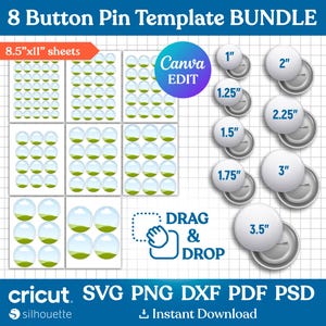 Button Pin Template BUNDLE, Button Pin svg, Button Pin blank, Sublimationsbutton Pin Template, Abzeichen Kreis Etiketten, DIY, png, Canva Editierbar