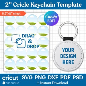 Modelo de chaveiro de couro circular de 2", modelo de chaveiro Svg, modelo de sublimação, sublimação de carteira dobrável, png, dxf, Canva editável