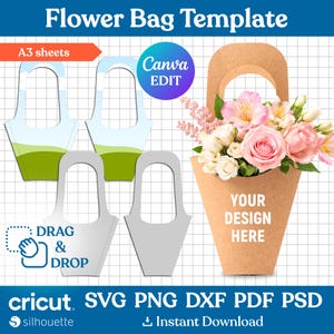 Puede incluir: Una plantilla de bolsa de flores con el texto "Flower Bag Template" en la parte superior. El diseño incluye una bolsa de papel marrón llena de flores rosas y blancas, y varios contornos de bolsas. El texto "YOUR DESIGN HERE" es visible en la bolsa. La imagen también incluye el texto "DRAG & DROP".