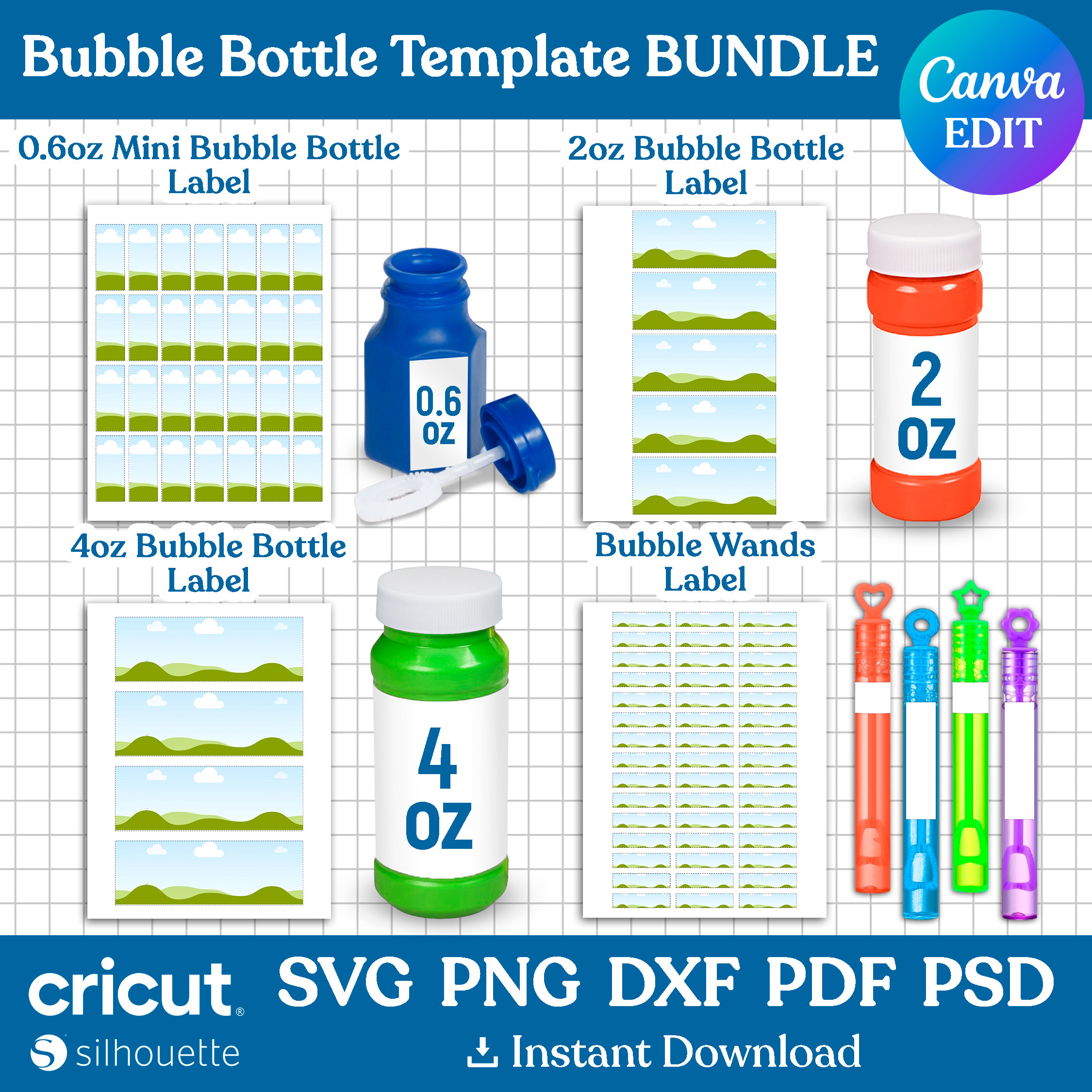 Bubble Bottle Label Template BUNDLE, 0.6 oz, 2 oz, 4 oz Bubble Bottle Label, Bubble Wands Label, Kids Party Favor, svg, png, Canva Editable