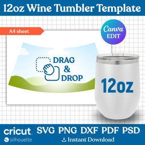 Könnte beinhalten: Eine Vorlage für einen 12oz Weintumbler mit einem grünen und blauen Landschaftsdesign. Die Vorlage ist mit "DRAG & DROP" beschriftet und enthält Anweisungen zum Anpassen des Designs. Die Vorlage ist mit Cricut- und Silhouette-Schneidemaschinen kompatibel.