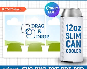 Plantilla de enfriador de latas delgadas de 12 oz, funda Coozie, plantilla de enfriador de cerveza, plantilla en blanco para sublimación, plantilla de enfriador de botellas, Canva editable