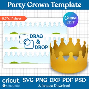 パーティークラウンテンプレート、キングクラウンパーティーハットテンプレート、クラウンロイヤルSVG、パーティーハットテンプレート、紙製クラウンテンプレート、印刷可能、Canva編集可能