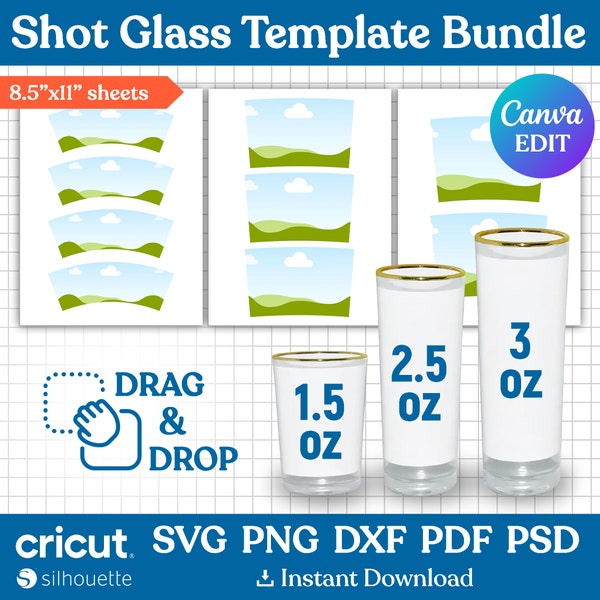 Shot Glass Template Bundle, 1.5oz, 2.5oz, 3oz Shot Glass Wrapper, Shot Glass Svg, Party Favors, Glass Template Sublimation, Canva Editable