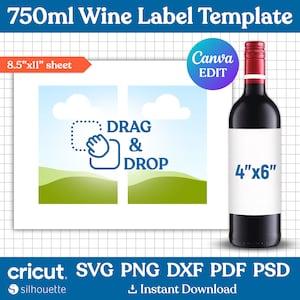 Modelo de rótulo de vinho de 750 ml, rótulos de garrafa de vinho, rótulo de vinho Svg, etiqueta de garrafa de vinho, adesivo de vinho DIY, lembrancinha de festa, para impressão, Canva editável