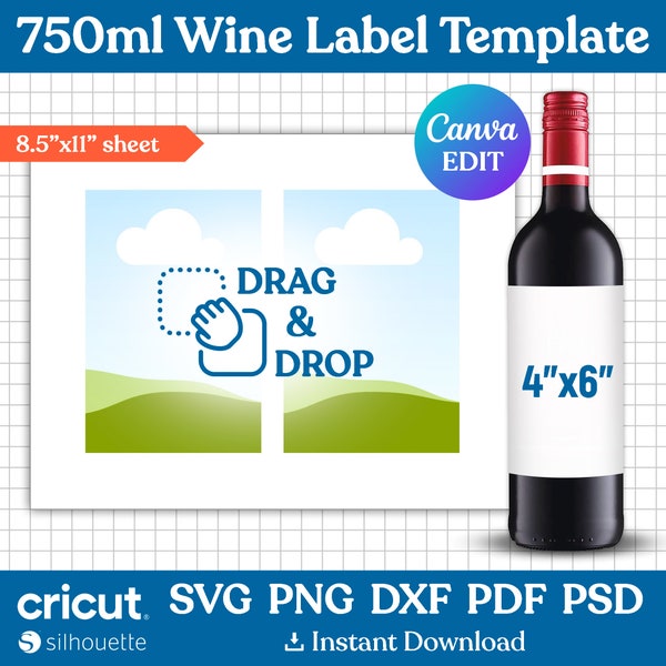 750ml Wine Label Template, Wine Bottle Labels, Wine Label Svg, Wine Bottle Tag, DIY Wine Sticker, Party Favor, Printable, Canva Editable
