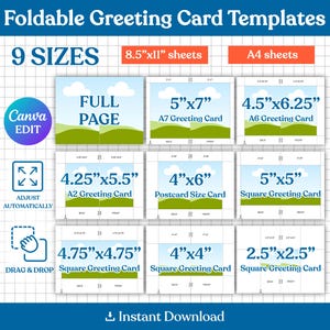 May include: A digital collection of nine foldable greeting card templates featuring a blue sky and green hills graphic. The set includes sizes 5x7, 4.5x6.25, 4.25x5.5, 4x6, 5x5, 4.75x4.75, 4x4, and 2.5x2.5 inches, compatible with 8.5x11 and A4 sheets.