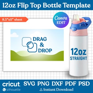 12oz Flip Top Kids Water Bottle Template, Flip Top Tumbler Template, Flip Top Straight Tumbler, Sublimation Template, svg, Canva Editable