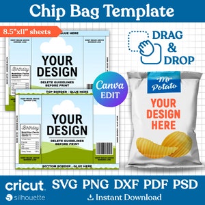 Chip Bag Template, Blank Chip Bag, Chip Bag Label, Party Chip Bag, Chip Bag Editable, Printable Party Favor, Customizable, Canva Editable