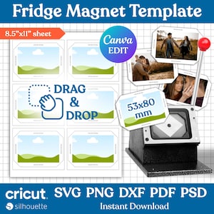 Op de afbeelding: Een sjabloon voor het maken van aangepaste koelkastmagneten. De sjabloon bevat zes lege rechthoeken met een groen en blauw landschapsontwerp. De sjabloon is ontworpen om te worden gebruikt met een Cricut-snijmachine. De tekst "DRAG & DROP" is opgenomen in de sjabloon. De sjabloon is 21,6 cm bij 27,9 cm.