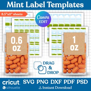 May include: Printable label templates for 8.5 x 11 inch sheets. The labels feature a green and blue landscape design. The labels are designed to be used with Cricut and Silhouette cutting machines. The labels are also editable in Canva.
