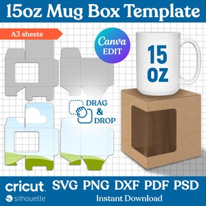 15oz Mug Box Template, Mug Box Svg, Mug Box Template, Mug Box Template with Window, Square Box, Mug Gift Box, Mug Packaging, Canva Editable