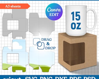 15oz Mug Box Template, Mug Box Svg, Mug Box Template, Mug Box Template with Window, Square Box, Mug Gift Box, Mug Packaging, Canva Editable
