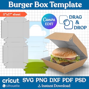 Pode incluir: Um modelo de caixa de hambúrguer castanho com um hambúrguer dentro. A imagem inclui um diagrama da caixa, um botão "Canva EDIT" e as palavras "DRAG & DROP". O tamanho da folha é de 28 x 43 cm. A imagem também inclui as palavras "cricut SVG PNG DXF PDF PSD" e "Instant Download".