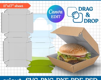 Burger Box Template, Hamburger Box Template, Cheeseburger Box Template, Burger Packaging, Burger Container, Printable, DIY, Canva Editable