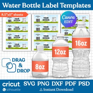 8oz, 12oz, 16oz Water Bottle Label Template, Water Bottle Wrapper, Water Bottle Sticker, DIY Label Template, Packaging, Canva Editable