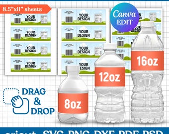 8oz, 12oz, 16oz Water Bottle Label Template, Water Bottle Wrapper, Water Bottle Sticker, DIY Label Template, Packaging, Canva Editable