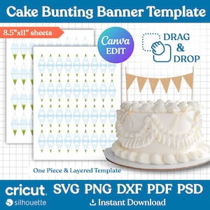 May include: A white frosted cake with a brown cake stand and a banner cake topper. The image also shows a cake bunting banner template on 8.5"x11" sheets with a Canva edit option. The template is available for instant download.