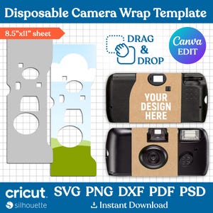 Op de afbeelding: Een sjabloon voor een wegwerpcamera-wikkel, met een grijze gestanste plaat en twee zwarte camera's met bruine papieren wikkel. De tekst "YOUR DESIGN HERE" is zichtbaar. De afbeelding bevat ook de tekst "DRAG & DROP" en "Canva EDIT".