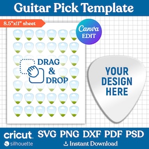 May include: A printable template for creating guitar picks. The template includes 48 guitar pick shapes with a sky and grass design. The text "DRAG & DROP" is included on the template. The template is 8.5 inches by 11 inches.