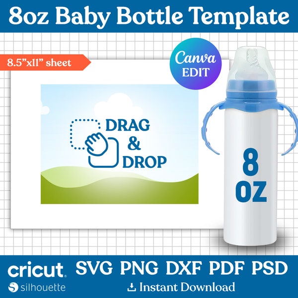 Baby Bottle Template, 8oz Kids Milk Bottle Sublimation Template, Kids Water Bottle Template, Baby Bottle Svg, Tumbler Wrap, Canva Editable