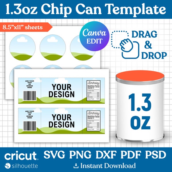 1.3oz Chip Can Template, Chip Can Label Template, Potato Chip Can Template, Snack Stack Chip Label, Party Favor, Printable, Canva Editable