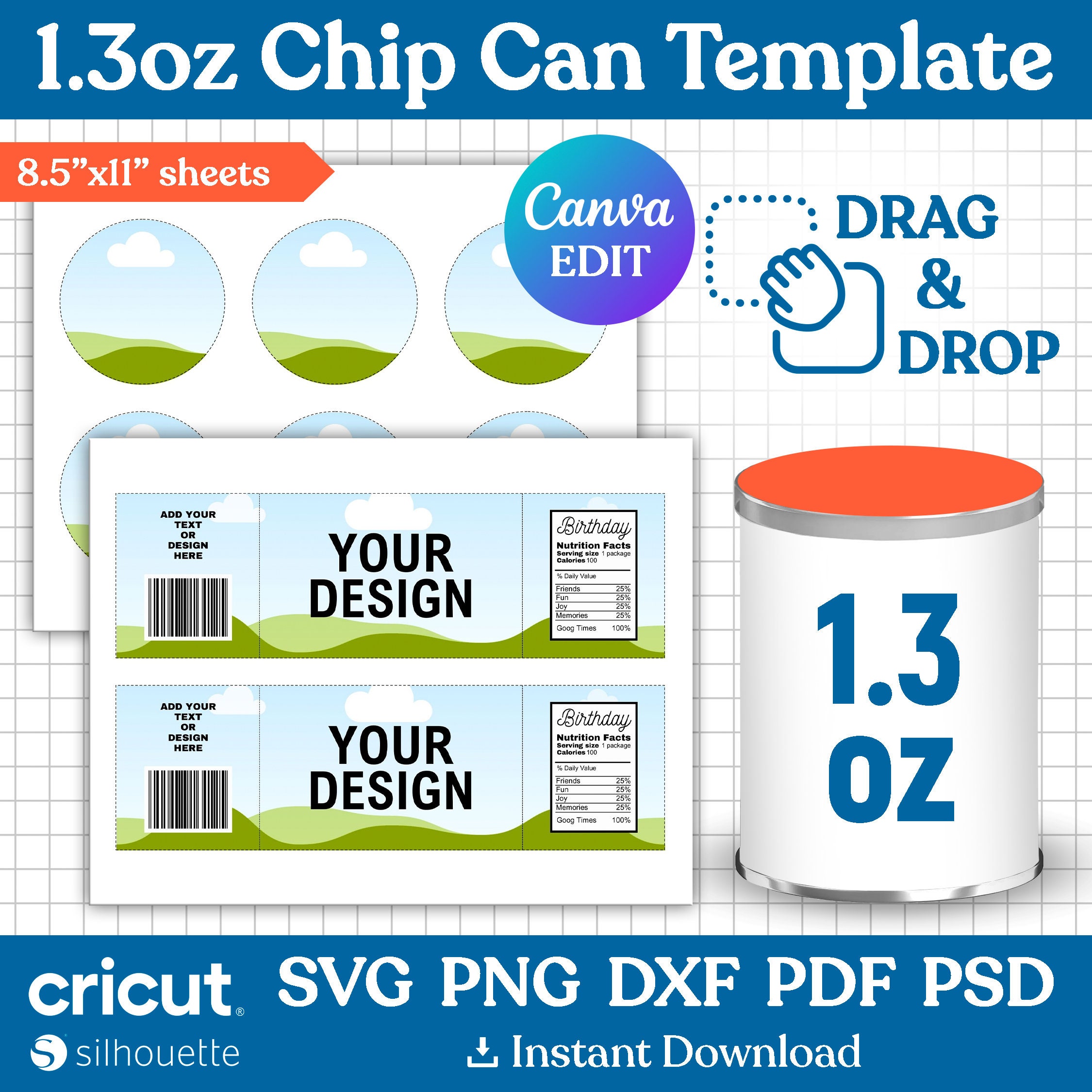 1.3oz Chip Can Template, Chip Can Label Template, Potato Chip Can ...