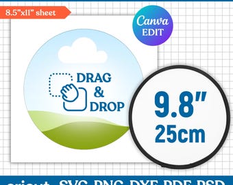 May include: A white template for a foldable fan sublimation design. The design includes a circular graphic with the text "DRAG & DROP" and a 9.8" (25cm) circle. The template is for an 8.5"x11" sheet and is compatible with Cricut and Silhouette.