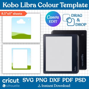 May include: A Kobo Libra Colour template for 21.6x27.9 cm sheets, featuring Canva edit and drag and drop icons. Includes two white rectangular templates with green landscape graphics and a black Kobo e-reader with Rakuten Kobo branding.