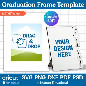 May include: A white frame template with a blue and white drag and drop icon. The frame is 8.5 inches by 11 inches and has the text "YOUR DESIGN HERE" in the center. The frame is surrounded by a white background with a grid pattern.