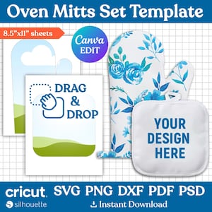 May include: A set of two oven mitts with a floral design in shades of blue and white. The mitts are 8.5 inches by 11 inches and can be customized with your own design. The image includes the text "DRAG & DROP" and "YOUR DESIGN HERE".