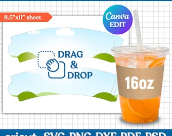 16oz Plastic Cup Sleeve Template, Cup Sleeve Template, Cold Cup Sleeve Template, Clear Plastic Cup Sleeve, Cold Cup Wrapper, Canva Editable