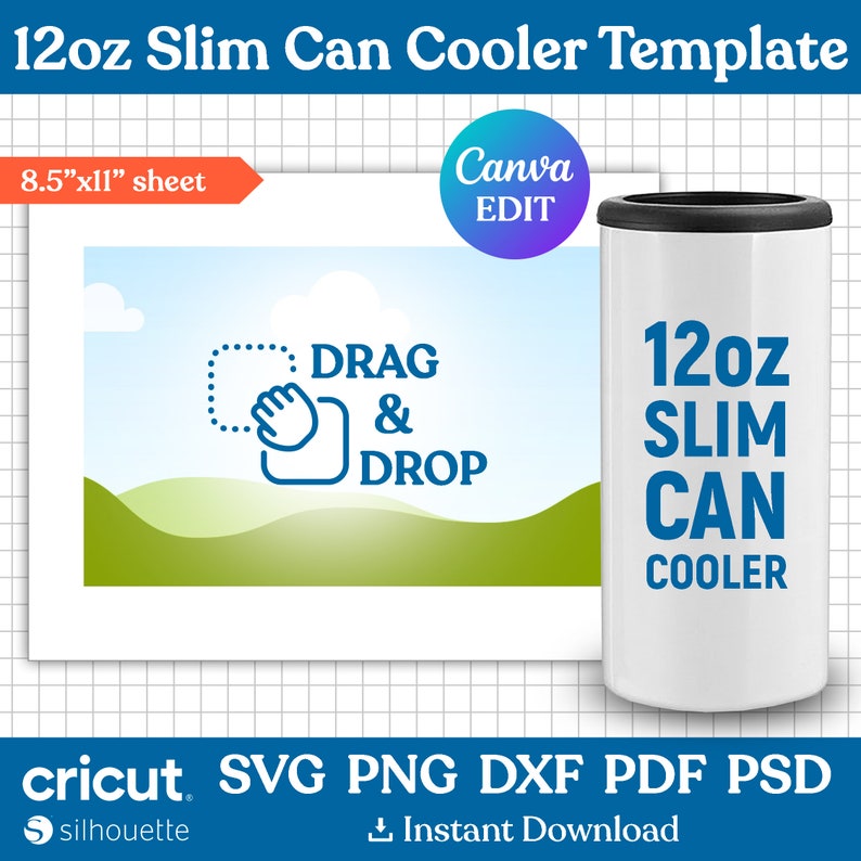 Może przedstawiać: Biały szablon chłodnicy do puszek slim 12oz z tekstem "12oz Slim Can Cooler" w kolorze niebieskim. Szablon znajduje się na arkuszu papieru o wymiarach 8,5" x 11" z zielonym i niebieskim tłem krajobrazu. Tekst "DRAG & DROP" jest w kolorze niebieskim i znajduje się niebieska ikona dłoni wskazująca na kropkowane pole.