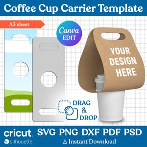 May include: A coffee cup carrier template with the text "Coffee Cup Carrier Template". The design includes a brown carrier with "YOUR DESIGN HERE" printed on it, and two other carrier templates. The image also includes the text "DRAG & DROP".