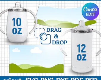 May include: A digital template for a 10 ounce and 12 ounce sippy cup with a green and blue landscape design. The text "DRAG & DROP" is on the template. The text "Canva EDIT" is on a purple circle. The text "cricut SVG PNG DXF PDF PSD" is at the bottom of the image. The text "S silhouette" is below the text "cricut". The text "Instant Download" is below the text "cricut SVG PNG DXF PDF PSD".