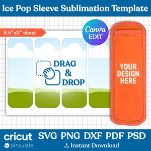 May include: A sublimation template for ice pop sleeves. The template includes three designs with a sky, clouds, and grass, and a blank design for customization. The template is 8.5 inches by 11 inches.