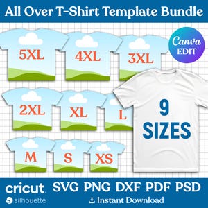All Over T-Shirt Template Bundle, T-Shirt Sublimation Blank Template, All Over T-Shirt Design, T-Shirt Template, Printable, Canva Editable