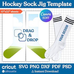 Pode incluir: Um modelo digital para criar meias de hóquei personalizadas. O modelo inclui duas formas de meias com uma área de arrastar e soltar para adicionar designs. O modelo mede 25,4 cm por 55,9 cm e pode ser editado no Canva.