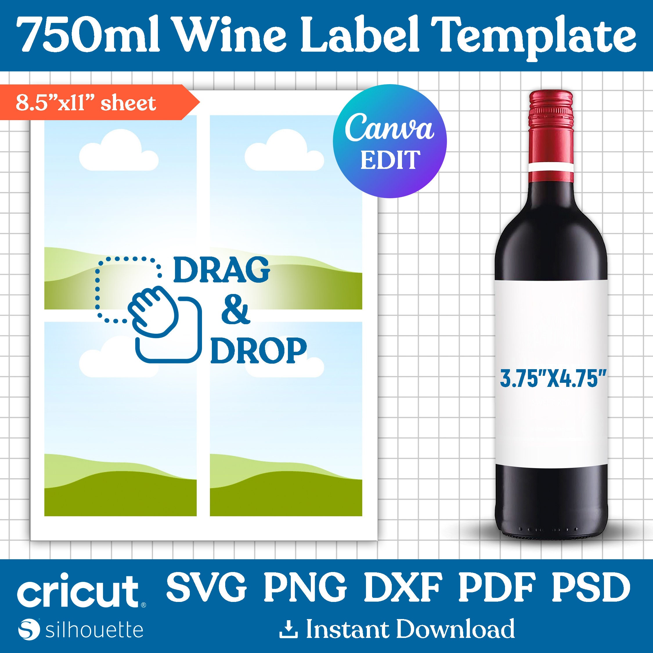 750ml Wine Label Template, Wine Bottle Labels, Wine Label Svg, Wine Bottle Tag, DIY Wine Sticker, Party Favor, Printable, Canva Editable