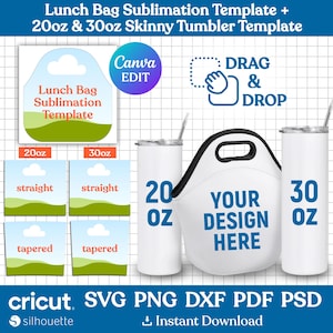 Lunch Bag Template, 20oz - 30oz Skinny Tumbler Template BUNDLE, Lunch Tote Sublimation Template, Tumbler Template Svg, png, Canva Editable