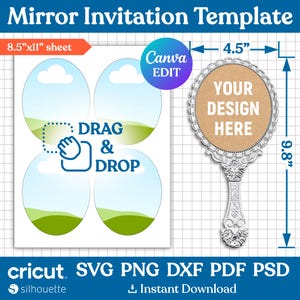 Modèle d'Invitation miroir, ovale pour miroir à main, invitation princesse, invitation de Quinceanera, imprimable, modifiable sur toile