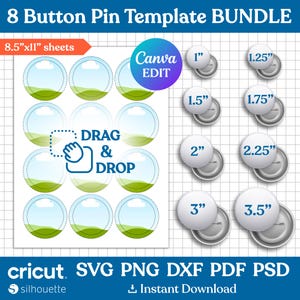 ボタンピンテンプレートバンドル、ボタンピンSVG、ボタンピンブランク、昇華ボタンピンテンプレート、バッジサークルラベル、DIY、png、Canva編集可能