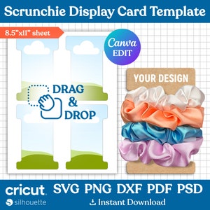 Modello scheda display Scrunchie, modello etichetta Scrunchie, modello etichetta Scrunchie, supporto Scrunchie, cartellini Scrunchie, Canva modificabile